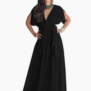 KOH KOH Black Formal V-Neck Maxi Gown - Batwing Sleeve - Size Large